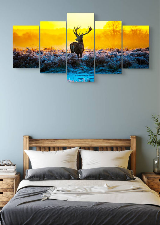 Sunset Deer Photography Canvas Wall Art – Multi-Panel Bedroom Decor
