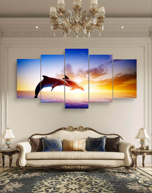 Dolphins Swimming Sunset Canvas Wall Art – Multi-Panel Print