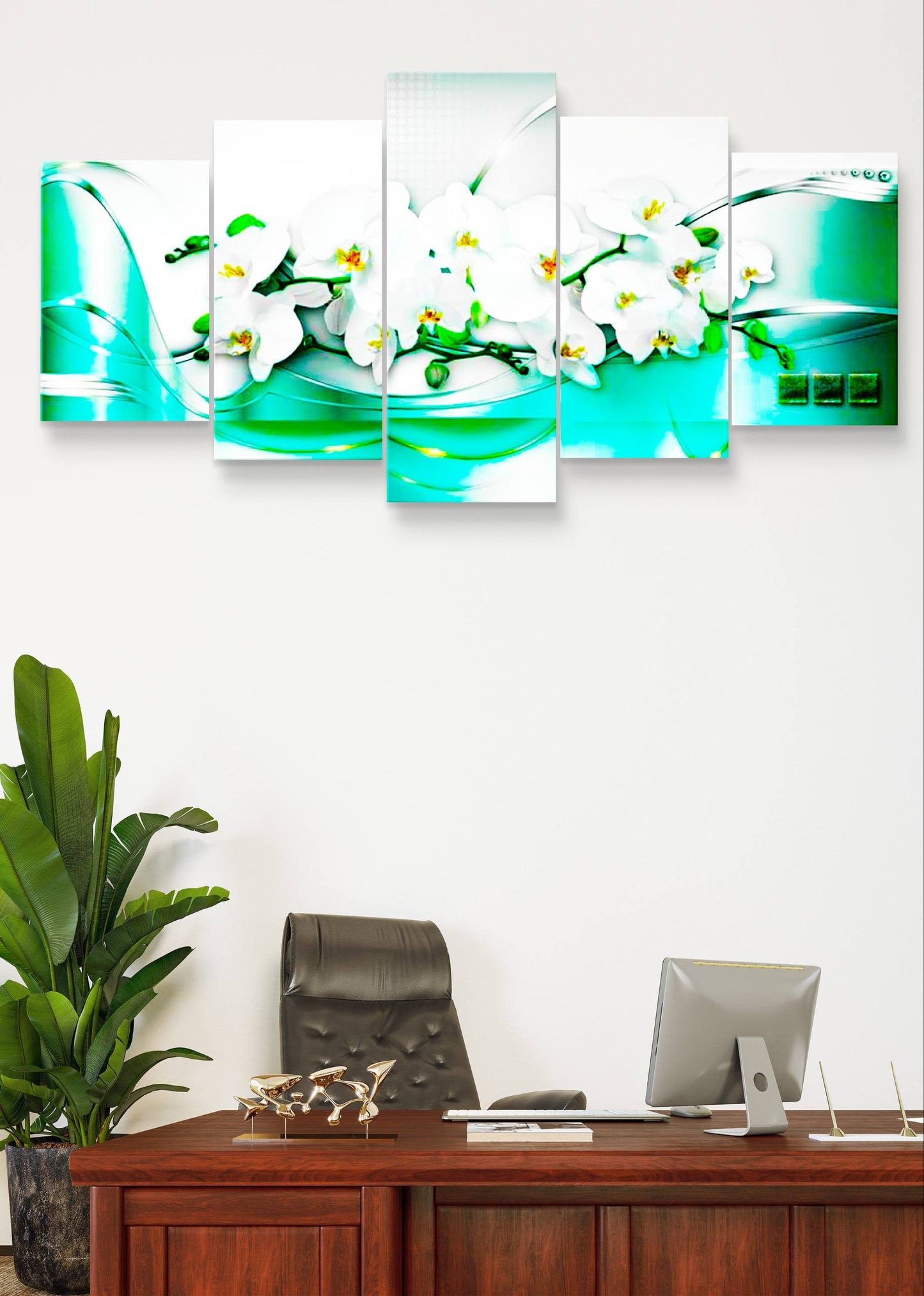 Green Flowers Botanical Office Wall Art – Multi-Panel Canvas Décor