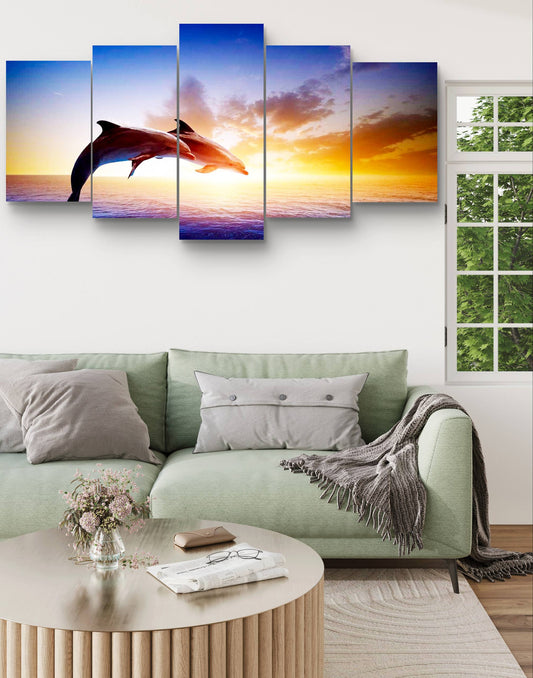 Dolphins Swimming Sunset Canvas Wall Art – Multi-Panel Print