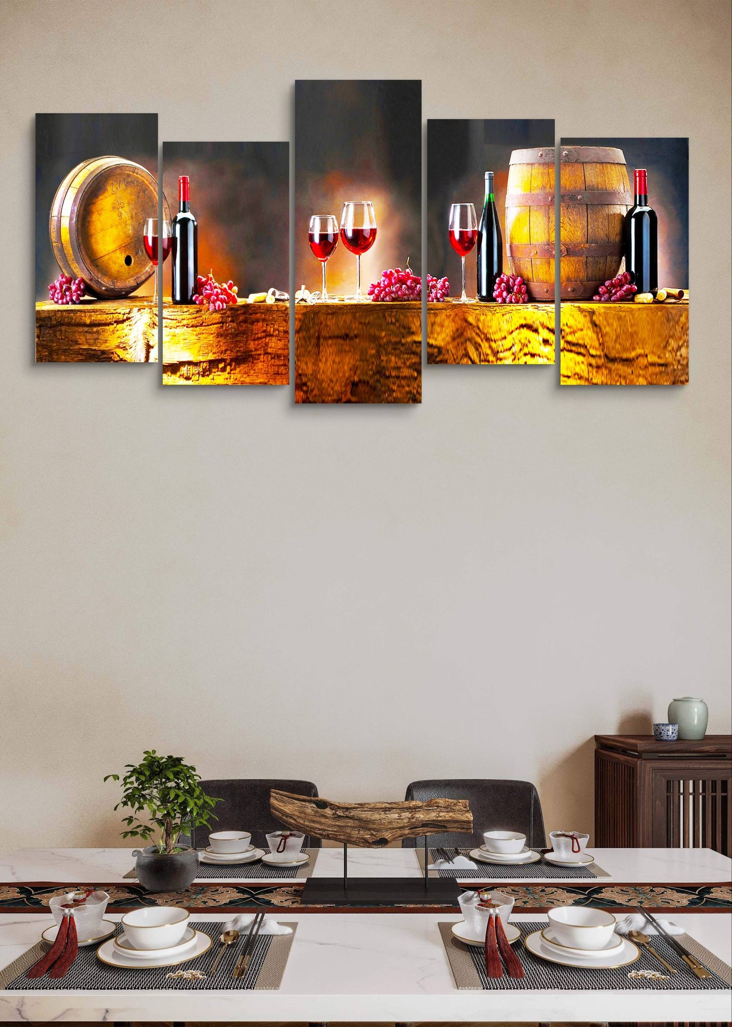 Wine Barrel & Grapes Canvas Wall Art – Multi-Panel Kitchen Décor