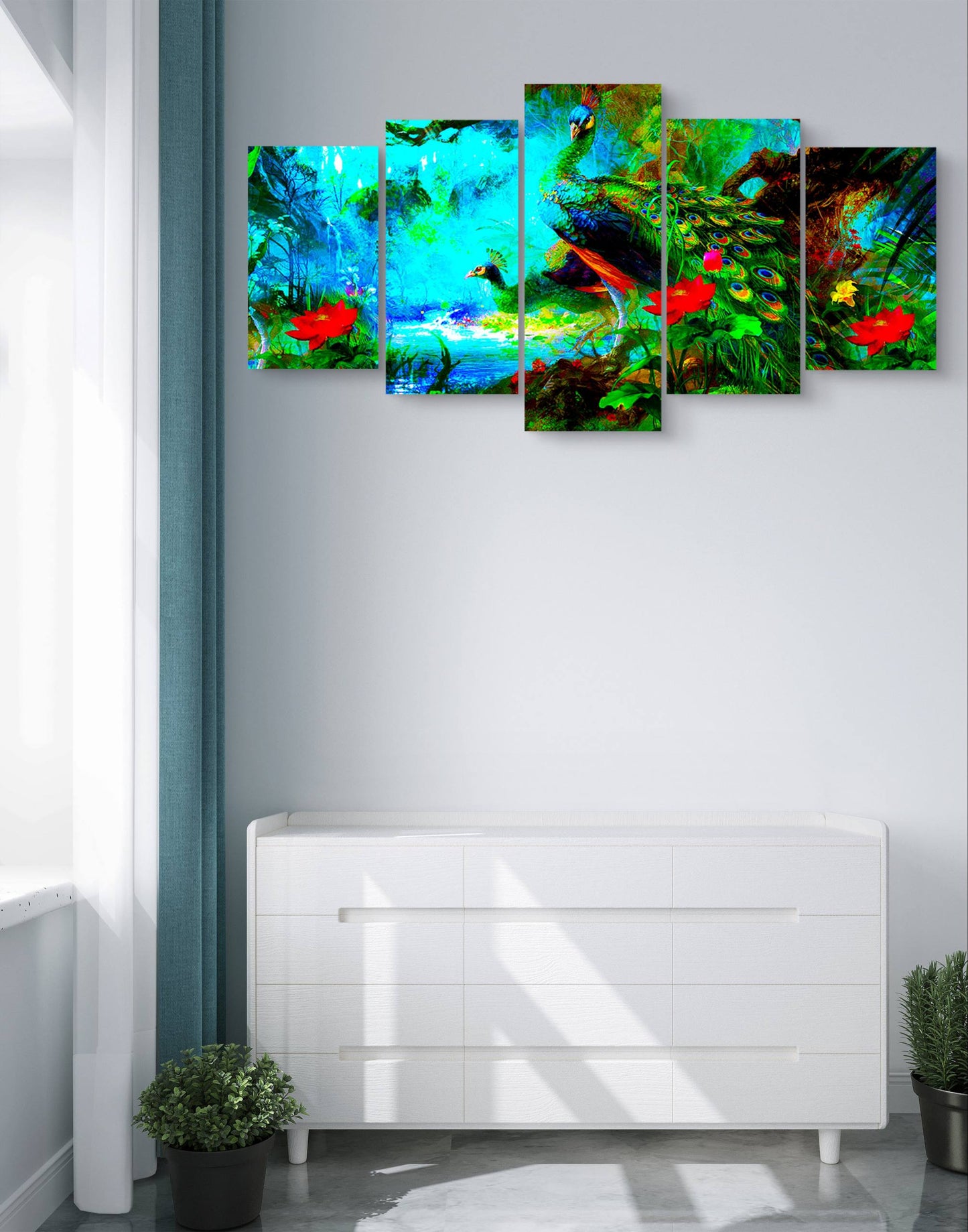 Peacock Design Botanical Canvas Wall Art – Multi-Panel Bedroom Décor
