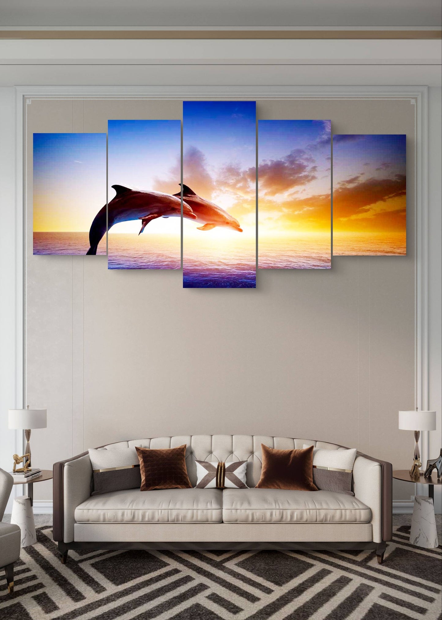 Dolphins Swimming Sunset Canvas Wall Art – Multi-Panel Print