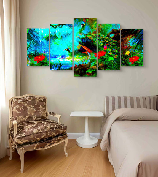 Peacock Design Botanical Canvas Wall Art – Multi-Panel Bedroom Décor