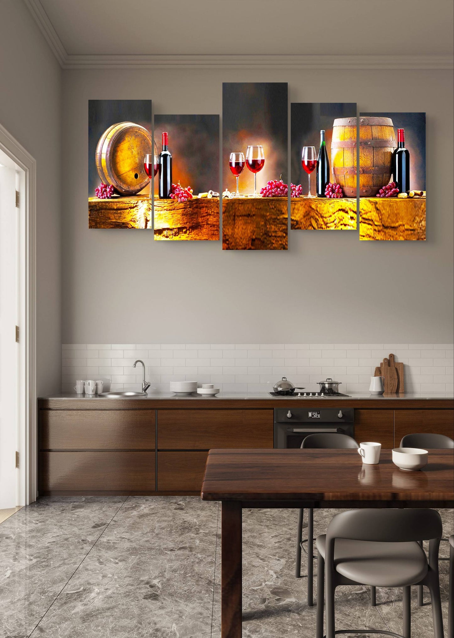 Wine Barrel & Grapes Canvas Wall Art – Multi-Panel Kitchen Décor